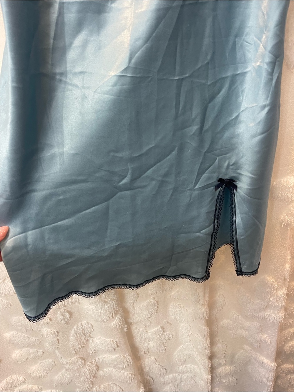 Victoria's Secret Light Blue Satin Slip Dress with Navy Lace Trim - Picture 5 of 6